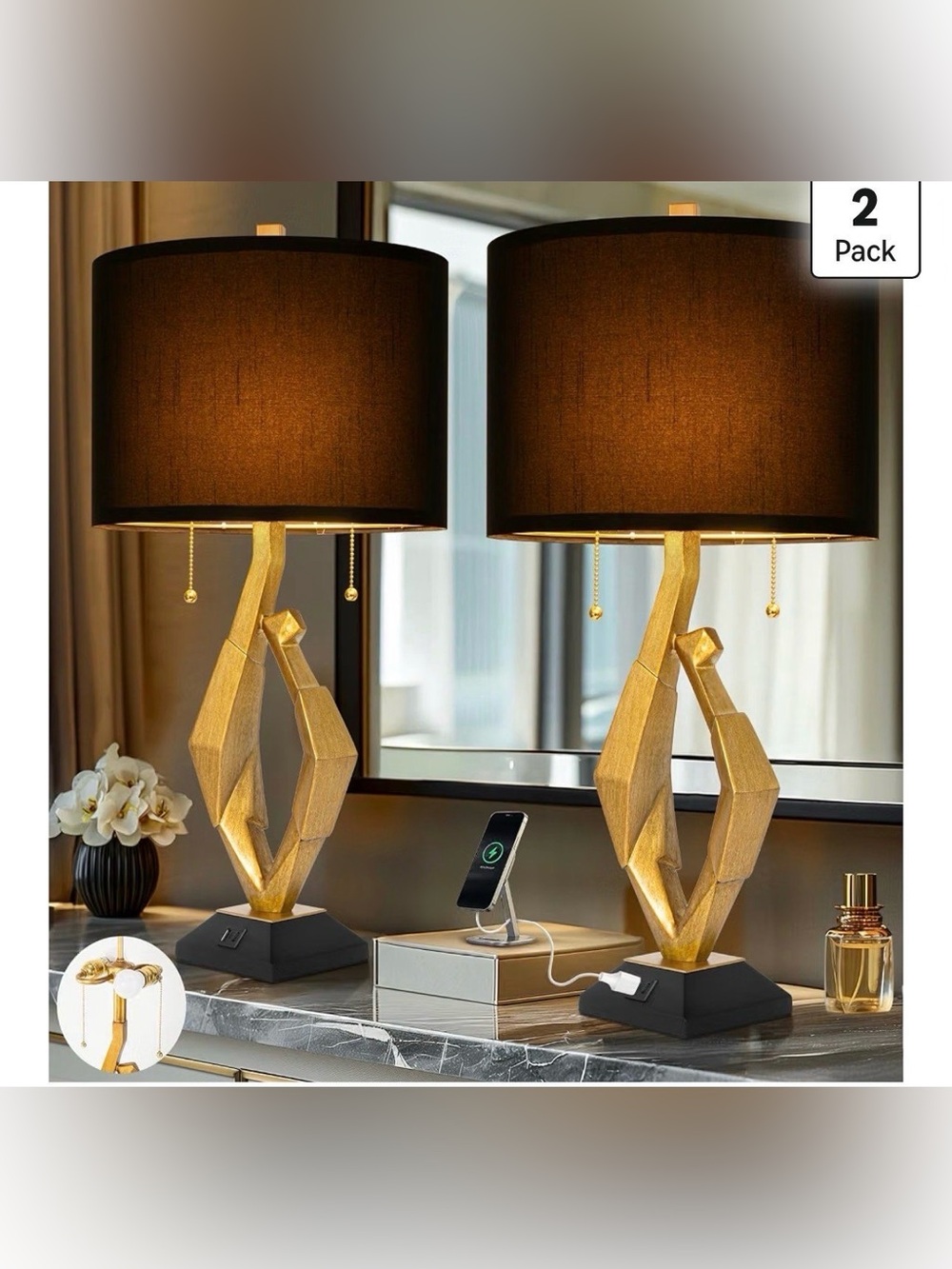 Gold Leaf Finish Table Lamp Set of 2 with USB Ports for Bedroom